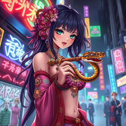 A beautiful anime lady character depicted as a snake charmer, adorned in vibrant and intricate clothing with embellishments