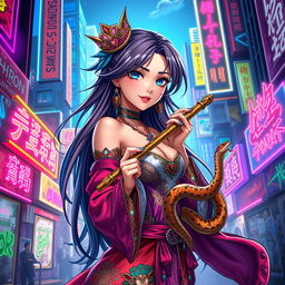 A beautiful anime lady character depicted as a snake charmer, adorned in vibrant and intricate clothing with embellishments