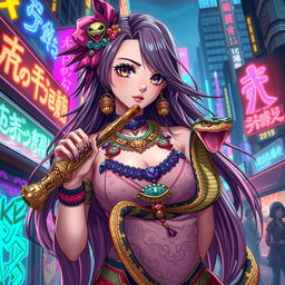A beautiful anime lady character depicted as a snake charmer, adorned in vibrant and intricate clothing with embellishments