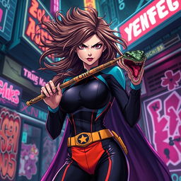 A high quality anime character, a beautiful and angry lady dressed in a sleek superhero outfit that is form-fitting and colorful