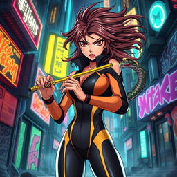 A high quality anime character, a beautiful and angry lady dressed in a sleek superhero outfit that is form-fitting and colorful