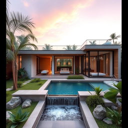 A luxurious modern house worth 10 million pesos, featuring three spacious bedrooms, a landscaped garden with tropical plants, a swimming pool with a waterfall, and a sleek minimalist design