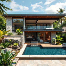 A luxurious modern house worth 10 million pesos, featuring three spacious bedrooms, a landscaped garden with tropical plants, a swimming pool with a waterfall, and a sleek minimalist design