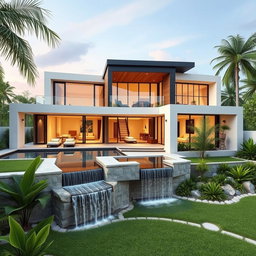 A luxurious modern house worth 10 million pesos, featuring three spacious bedrooms, a landscaped garden with tropical plants, a swimming pool with a waterfall, and a sleek minimalist design