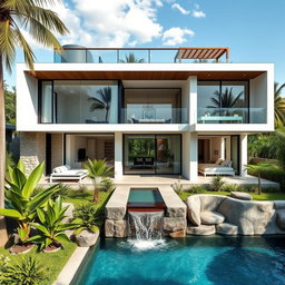 A luxurious modern house worth 10 million pesos, featuring three spacious bedrooms, a landscaped garden with tropical plants, a swimming pool with a waterfall, and a sleek minimalist design