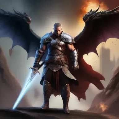 In the realm of magic and dragons, the fearless adult male warrior fought against the dark forces to save the kingdom.