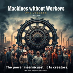 A dramatic movie poster illustrating the principle 'Machines without workers are useless' by Karl Marx