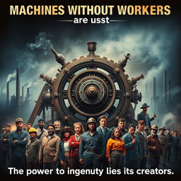 A dramatic movie poster illustrating the principle 'Machines without workers are useless' by Karl Marx