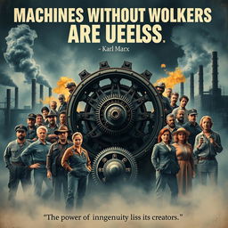 A dramatic movie poster illustrating the principle 'Machines without workers are useless' by Karl Marx