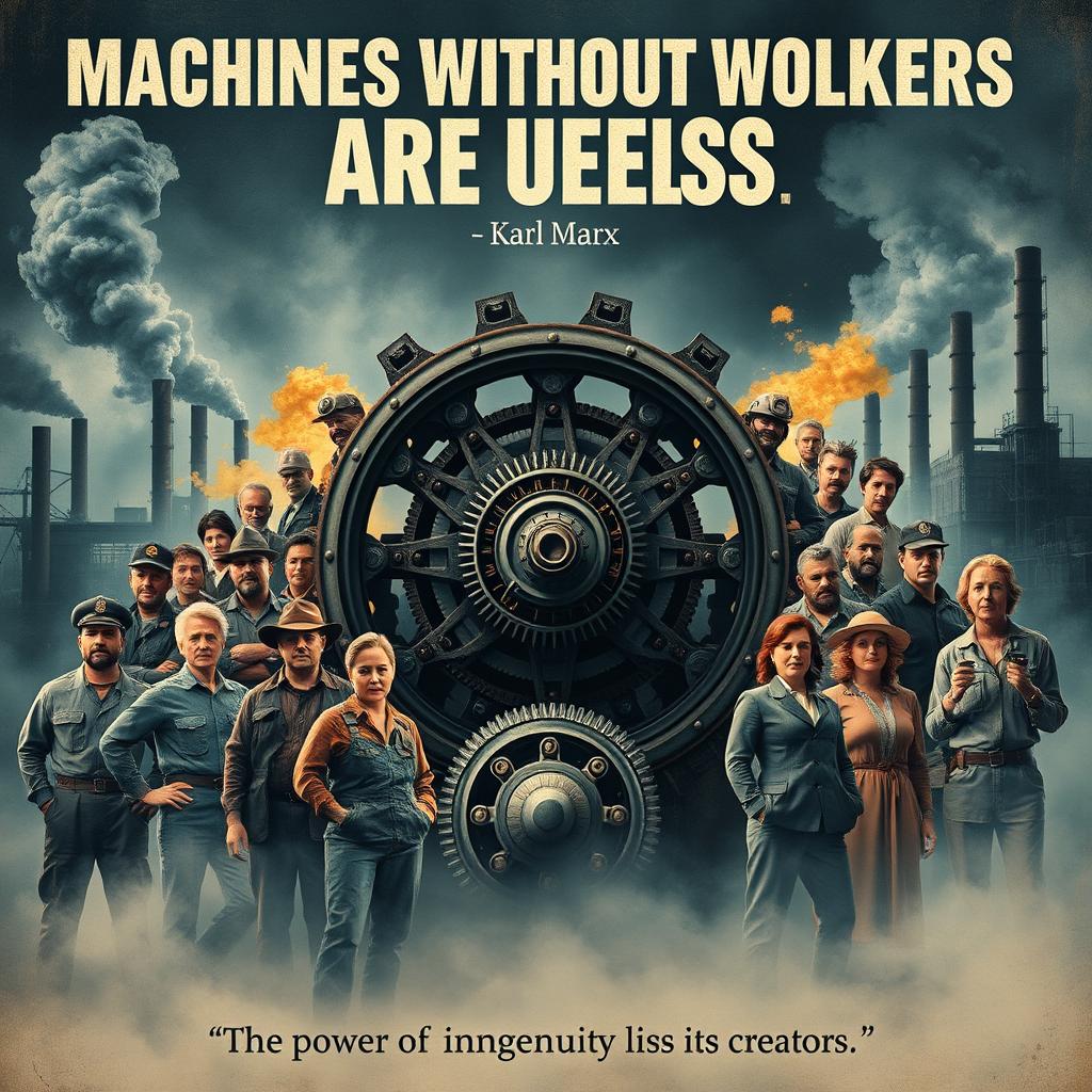 A dramatic movie poster illustrating the principle 'Machines without workers are useless' by Karl Marx