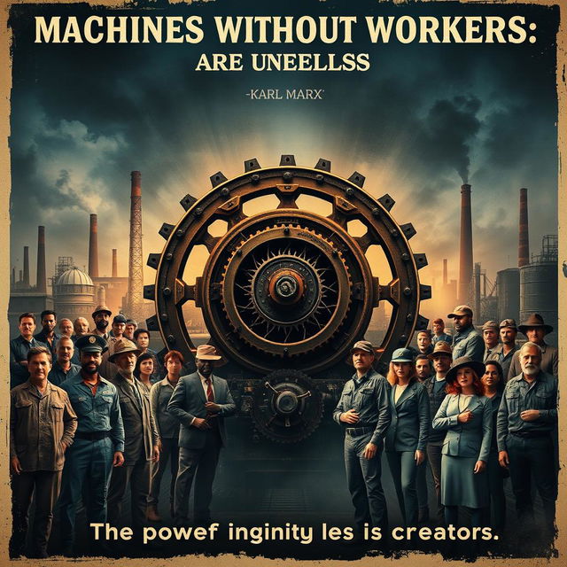 A dramatic movie poster illustrating the principle 'Machines without workers are useless' by Karl Marx