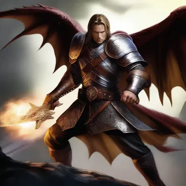 In the realm of magic and dragons, the fearless adult male warrior fought against the dark forces to save the kingdom.