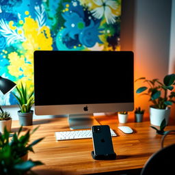 A stylish and modern workspace featuring a sleek Apple computer setup on a wooden desk