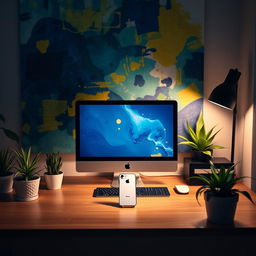 A stylish and modern workspace featuring a sleek Apple computer setup on a wooden desk