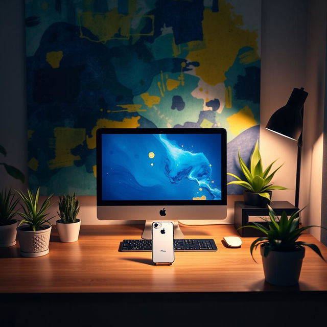 A stylish and modern workspace featuring a sleek Apple computer setup on a wooden desk