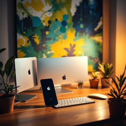 A stylish and modern workspace featuring a sleek Apple computer setup on a wooden desk