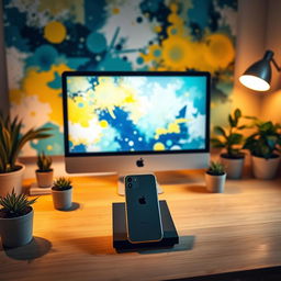 A stylish and modern workspace featuring a sleek Apple computer setup on a wooden desk