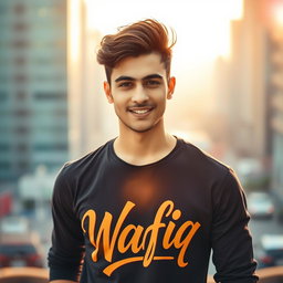 A handsome young man standing confidently, wearing a stylish shirt that has the word 'Wafiq' printed in bold, artistic lettering