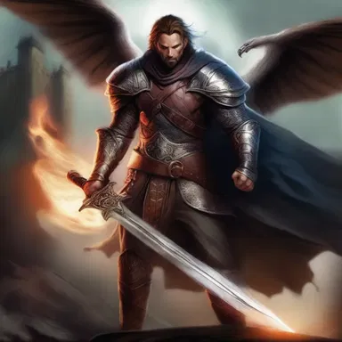 In the realm of magic and dragons, the fearless adult male warrior fought against the dark forces to save the kingdom.