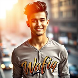 A handsome young man standing confidently, wearing a stylish shirt that has the word 'Wafiq' printed in bold, artistic lettering