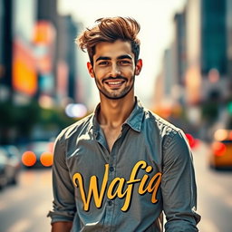 A handsome young man standing confidently, wearing a stylish shirt that has the word 'Wafiq' printed in bold, artistic lettering