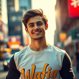 A handsome young man standing confidently, wearing a stylish shirt that has the word 'Wafiq' printed in bold, artistic lettering