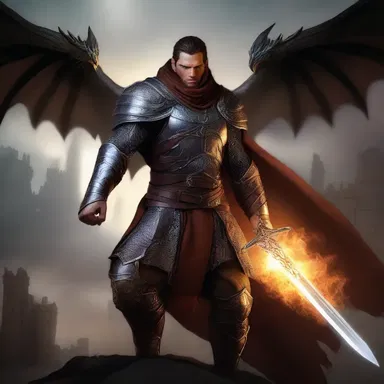 In the realm of magic and dragons, the fearless adult male warrior fought against the dark forces to save the kingdom.