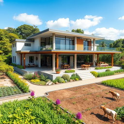 A stunning architectural design of a 15 million peso house featuring a modern, spacious layout surrounded by lush greenery and a working farm