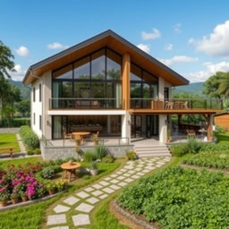 A stunning architectural design of a 15 million peso house featuring a modern, spacious layout surrounded by lush greenery and a working farm