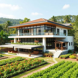 A stunning architectural design of a 15 million peso house featuring a modern, spacious layout surrounded by lush greenery and a working farm