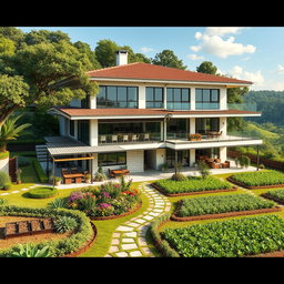 A stunning architectural design of a 15 million peso house featuring a modern, spacious layout surrounded by lush greenery and a working farm