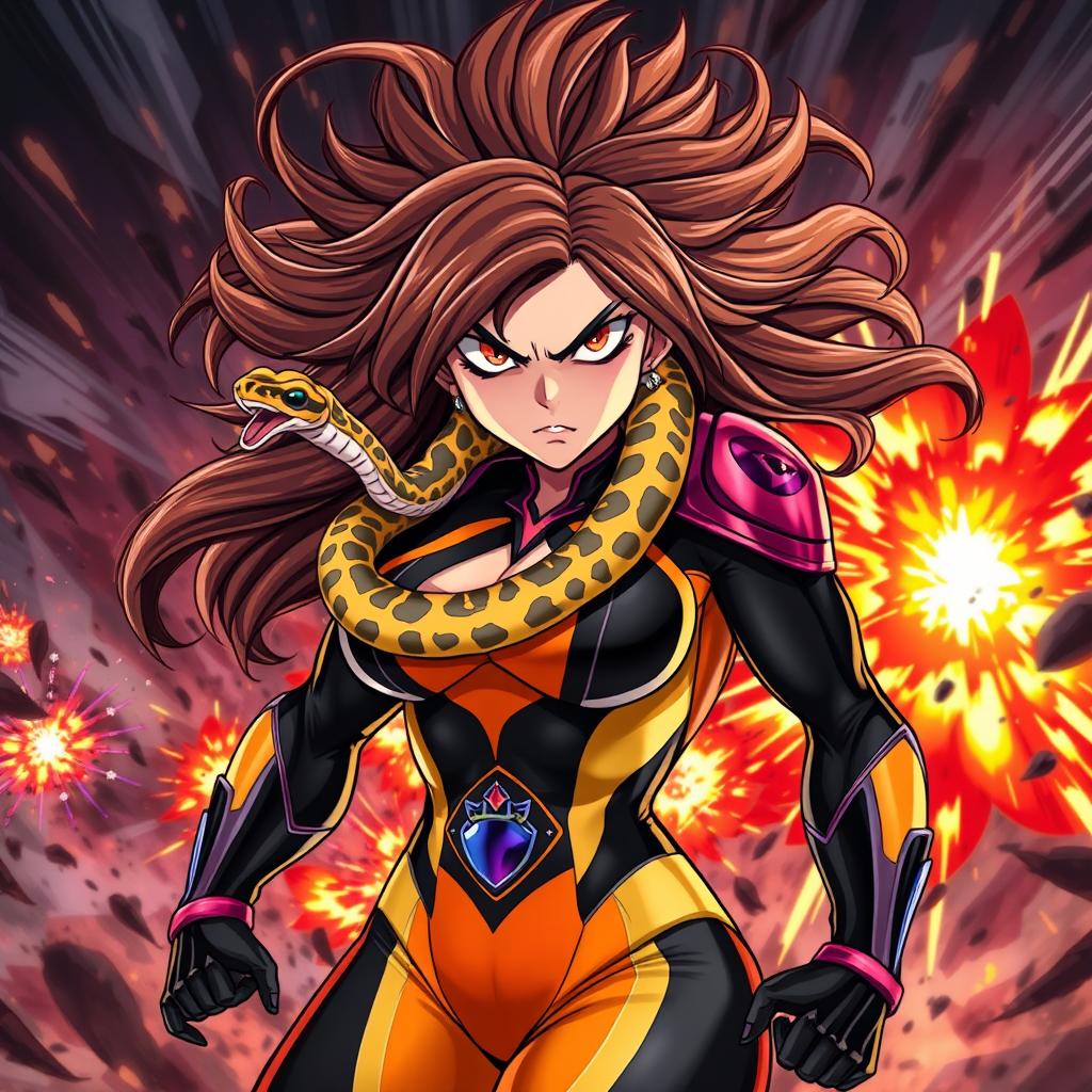 A high-quality anime character, featuring an angry and beautiful lady dressed in a striking superhero outfit that accentuates her powerful physique