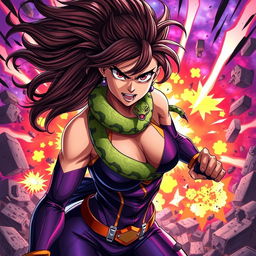 A high-quality anime character, featuring an angry and beautiful lady dressed in a striking superhero outfit that accentuates her powerful physique