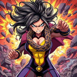 A high-quality anime character, featuring an angry and beautiful lady dressed in a striking superhero outfit that accentuates her powerful physique