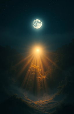 A serene and mystical scene depicting a beautiful light illuminating a dark, tranquil landscape