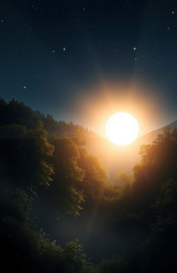 A serene and mystical scene depicting a beautiful light illuminating a dark, tranquil landscape