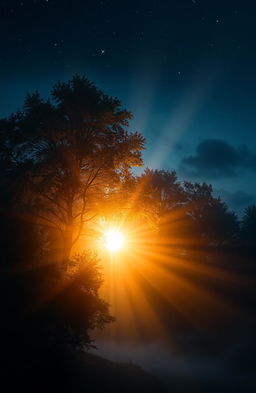 A serene and mystical scene depicting a beautiful light illuminating a dark, tranquil landscape