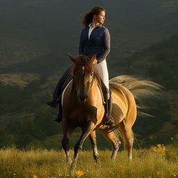 A detailed image of a person riding a beautiful horse, their posture filled with confidence