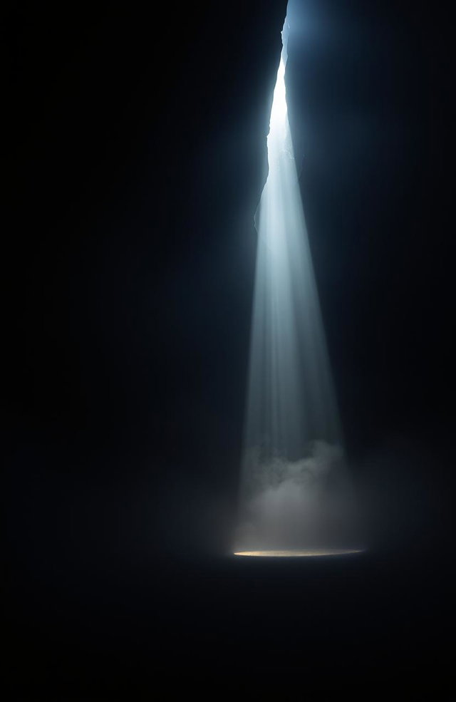 A serene and captivating scene depicting a radiant beam of light piercing through a dark, enigmatic environment