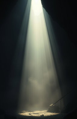 A serene and captivating scene depicting a radiant beam of light piercing through a dark, enigmatic environment