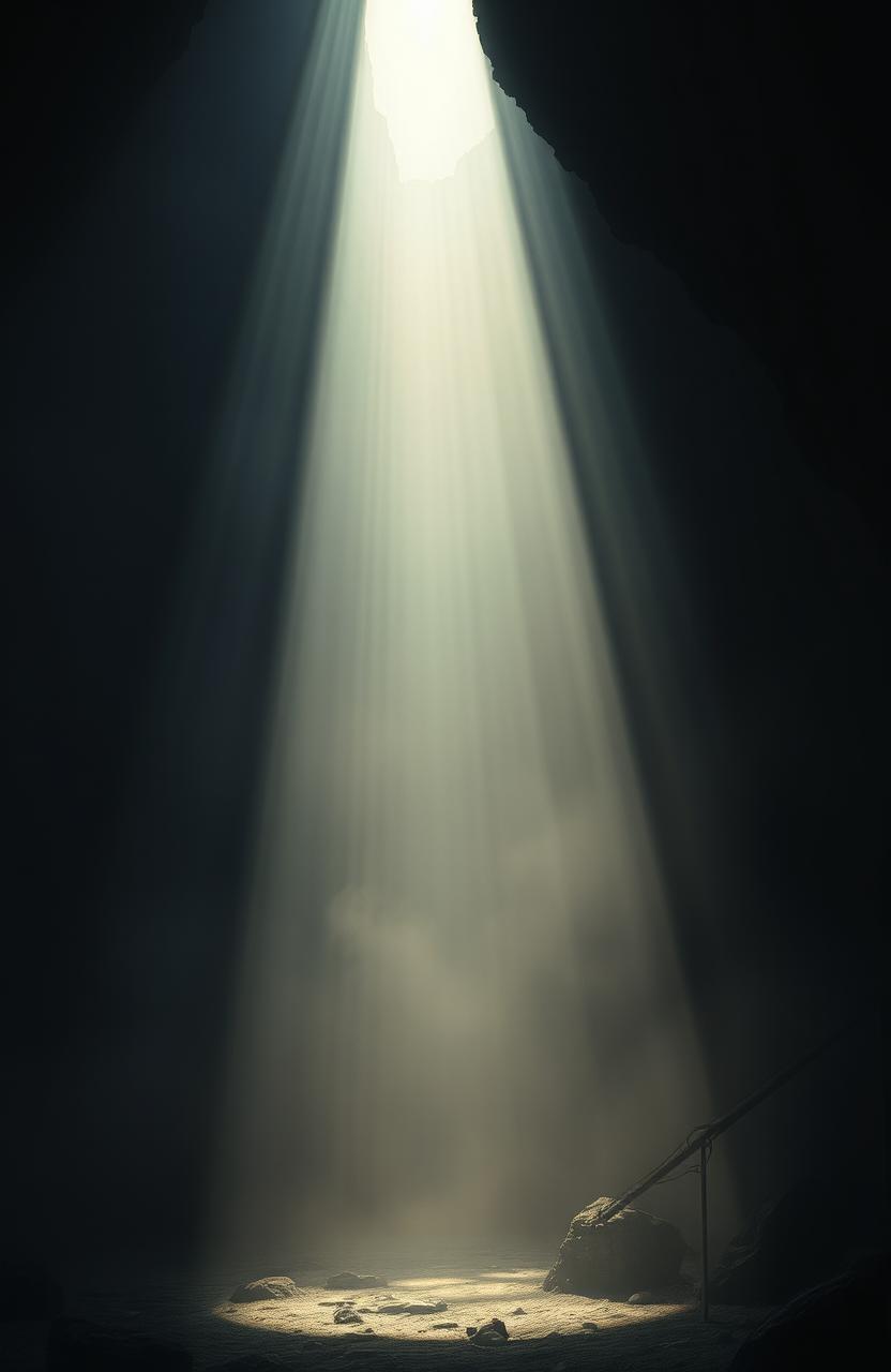 A serene and captivating scene depicting a radiant beam of light piercing through a dark, enigmatic environment