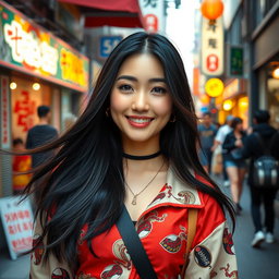 A beautiful Korean woman with long, flowing black hair, wearing a trendy and stylish outfit that combines traditional elements with modern fashion