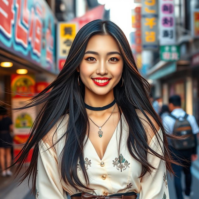 A beautiful Korean woman with long, flowing black hair, wearing a trendy and stylish outfit that combines traditional elements with modern fashion