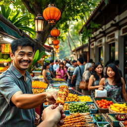 A vibrant scene of an Indonesian street market bustling with activity