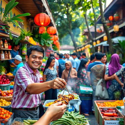 A vibrant scene of an Indonesian street market bustling with activity