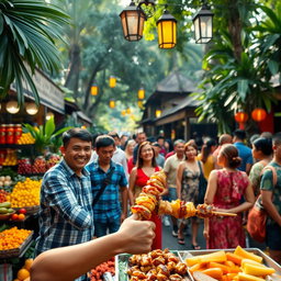 A vibrant scene of an Indonesian street market bustling with activity