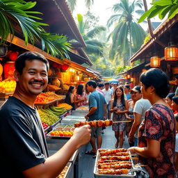 A vibrant scene of an Indonesian street market bustling with activity