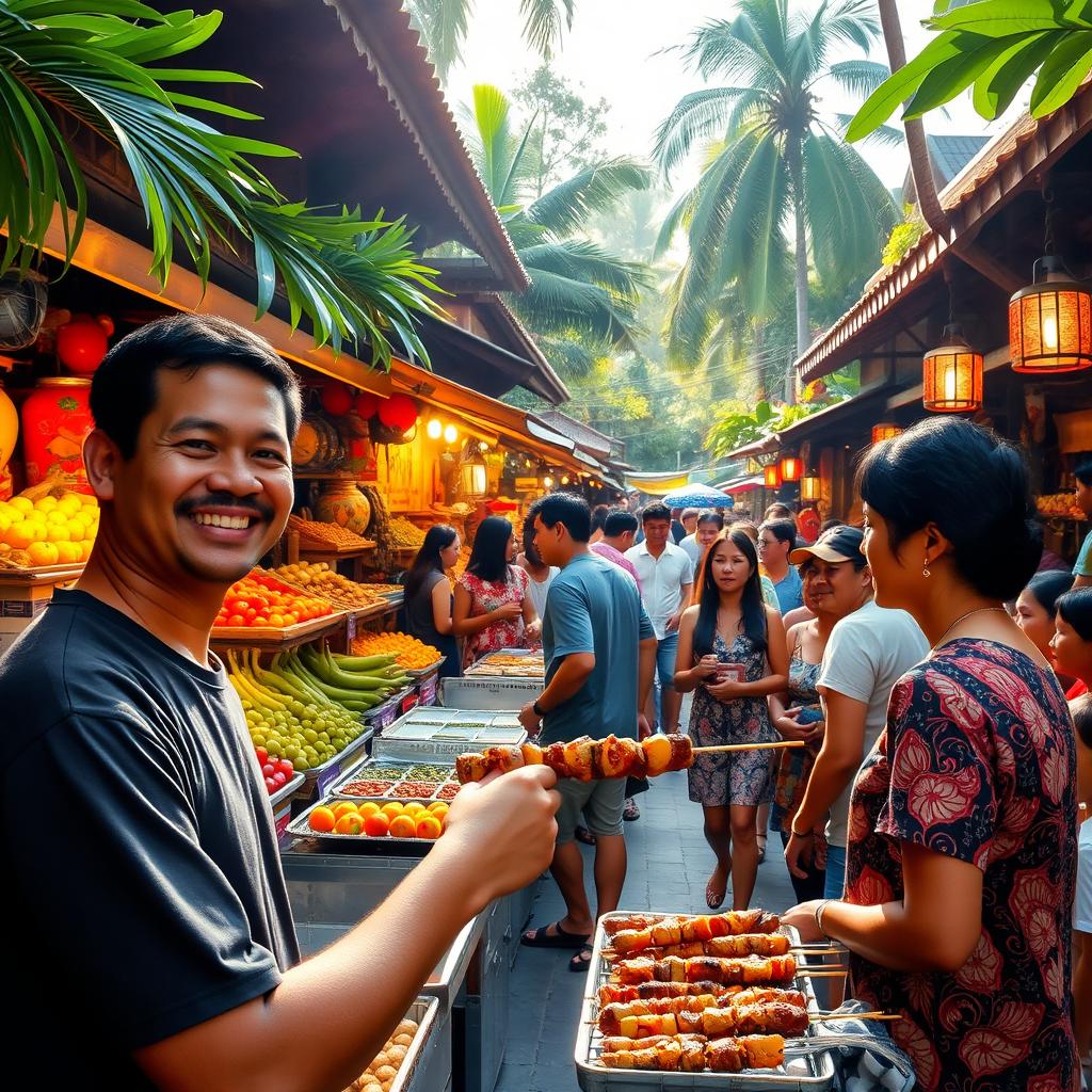 A vibrant scene of an Indonesian street market bustling with activity