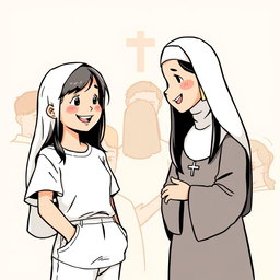 A graphic comic illustration featuring a Filipino girl engaged in a conversation with a nun
