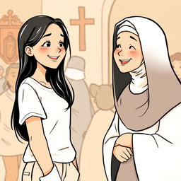A graphic comic illustration featuring a Filipino girl engaged in a conversation with a nun